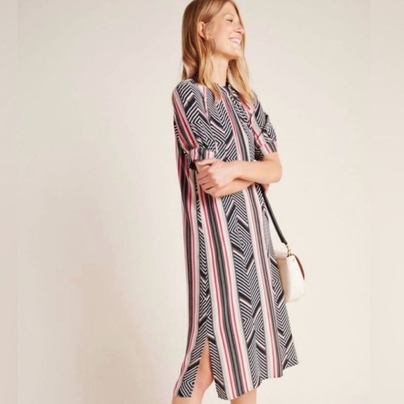 ANTHROPOLOGIE McKenzie Mock Neck Tunic Dress Striped Puff Sleeve X-Small - Picture 2 of 16
